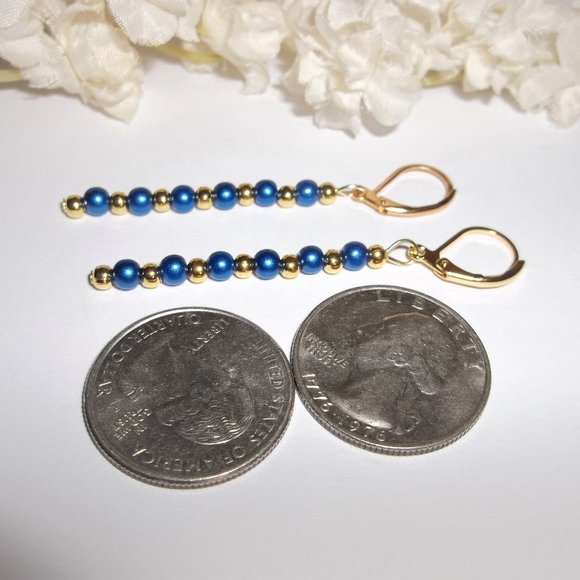 Blue and Gold Earrings, Blue Pearl Earrings, Blue Dangle Earrings, Earrings 7770 - Picture 5 of 8